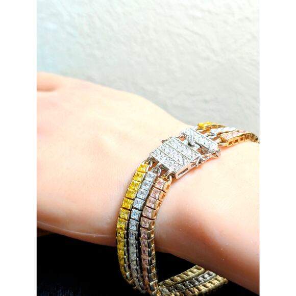 PJM 925 Sterling Pink Yellow Clear Princess Cut Three Strand Tennis Bracelet - Picture 3 of 10